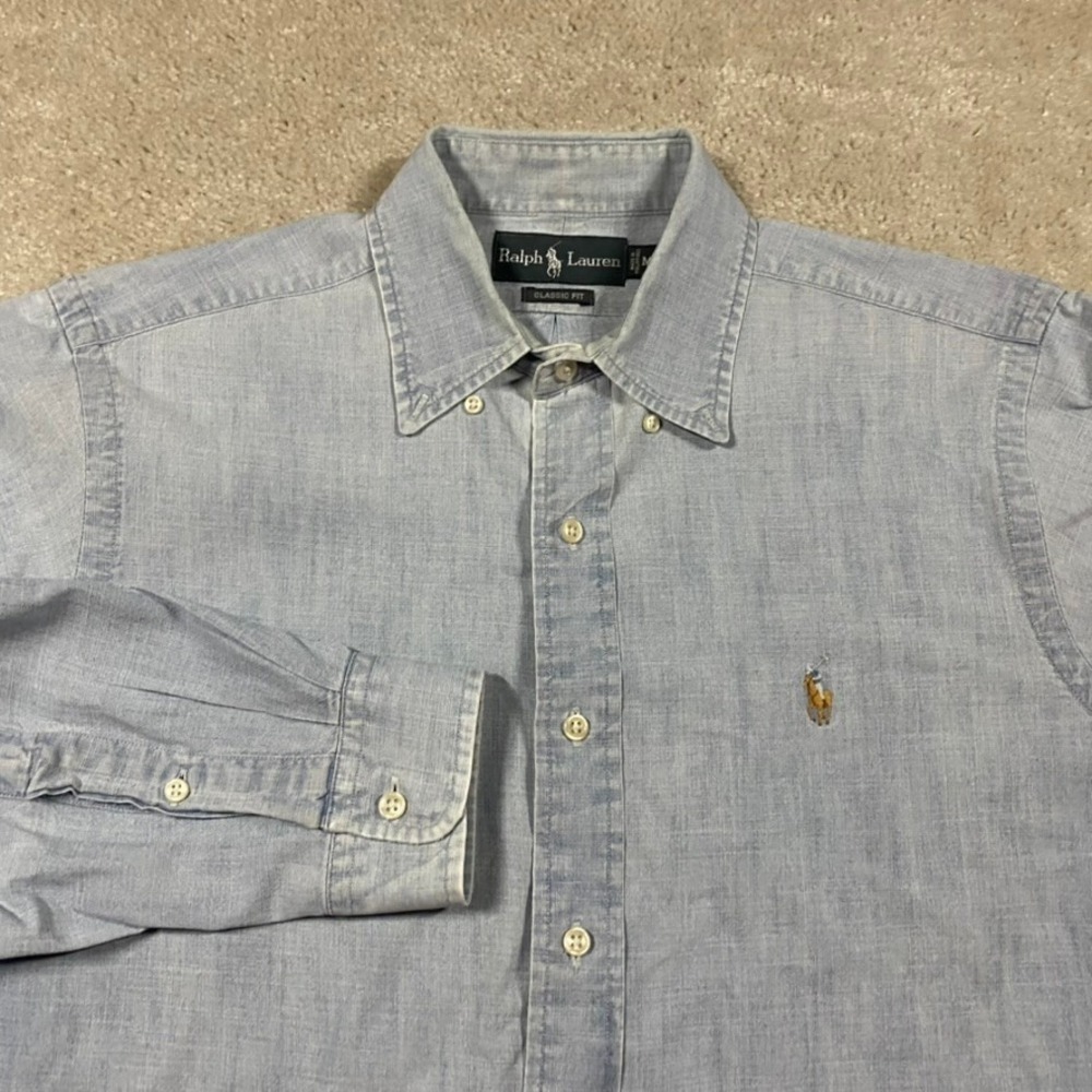 VTG Polo Ralph Lauren Mens M Classic Fit Chambray Button Down Shirt Blue Faded